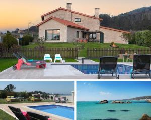 duas fotos de uma casa e uma piscina em Luxury Singular Villa Carolina em Corrubedo