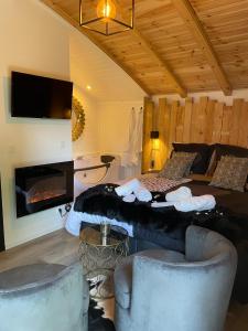 a living room with a bed and a fireplace at la chambre de lola in Waterloo