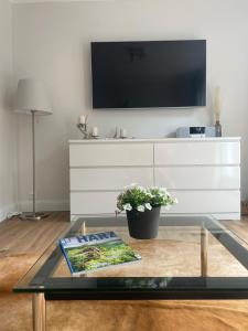 uma sala de estar com uma televisão e uma mesa de café em vidro em Wolke 7 - a71034 em Bad Harzburg