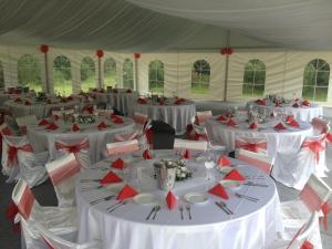 a marquee with white tables and red bows at Penzion Hájovna in Klíny