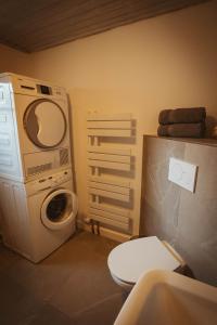 een badkamer met een wasmachine en een toilet bij FERIENPARADIES AM KAMMERBERG - ein ganzes Haus für Sie alleine!!! in Weißenhorn