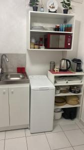 una cucina con lavandino e frigorifero bianco di Studio - Carré de Soie Vaulx en Velin a Vaulx-en-Velin
