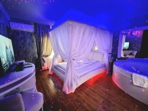 ein Schlafzimmer mit einem Bett mit einer violetten Decke in der Unterkunft Anadi Hotel Boutique in Braşov