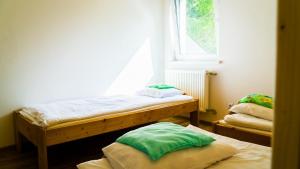 two beds sitting in a room with a window at Pokoje nad Przełomem Dunajca - Wietrznice - Rivent Sport in Łącko