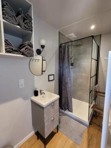 een badkamer met een douche en een wastafel bij Tout au bout du chemin in Réquista