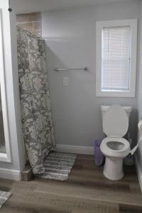 ein Bad mit einem WC und einer Dusche in der Unterkunft Torres Tiny Home Midtown WestTampa RJS in Tampa