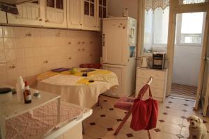 - une cuisine avec une table et un porte-monnaie rouge au sol dans l'établissement Elie's Home, à Varna