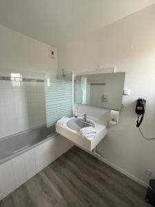 a bathroom with a sink and a mirror at Logis Hôtel du Cirque Troyes centre historique in Troyes