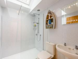 a bathroom with a shower and a toilet and a sink at Sunny House By The Sea in Dymchurch