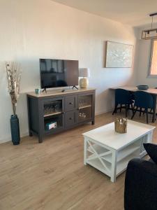 Televízia a/alebo spoločenská miestnosť v ubytovaní Appartement « Marinella » splendide vue mer aux Sanguinaires