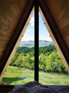 una finestra in una cabina con vista su un campo di CABANA 365 a Braşov