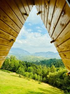 a view from the top of a wooden building with a view of a forest at CABANA 365 in Braşov