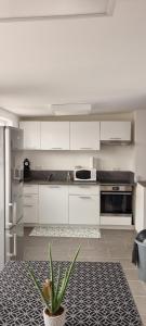 a kitchen with white cabinets and a potted plant at maison meublée 6 personnes in Cappelle-la-Grande