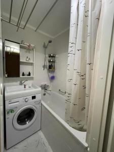 y baño con lavadora y cortina de ducha. en Vihula Tambi Apartment, en Vihula