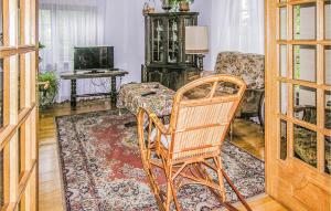 ein Wohnzimmer mit einem Stuhl und einem Tisch in der Unterkunft Pet Friendly Home In Lidzbark Warminski With Kitchen in Redy