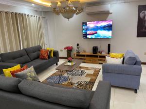 a living room with two couches and a tv at Fabulous apartments in the new upmarkment and throbbing Lusaka area in Lusaka