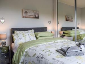 a bedroom with a large bed with a mirror at Meadow View in Lochgelly