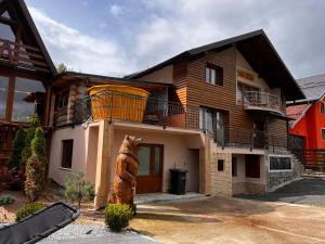 een kat staat voor een huis bij Vila Deluț in Borşa