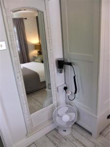 Baño con aseo frente a un espejo en THE KNIGHTWOOD OAK a Luxury King Size En-Suite Space - LYMINGTON NEW FOREST with Totally Private Entrance - Key Box entry - Free Parking & Private Outdoor Seating Area - Town ,Shops , Pubs & Solent Way Walking Distance & Complimentary Breakfast Items en Lymington