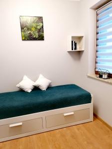 een slaapkamer met een bed met een groene matras bij Apartament Zet in Nałęczów
