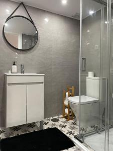 a bathroom with a shower and a sink and a mirror at Casa do Terreiro Boutique apartment in Santar