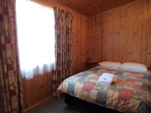 a bed in a wooden room with a window at Bicheno East Coast Holiday Park in Bicheno