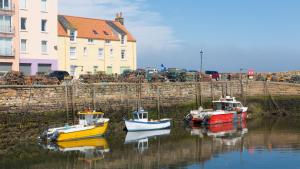 Trois bateaux sont amarrés dans l'eau à côté d'un mur dans l'établissement Stewarts Resort Lodge 8, à St Andrews