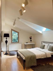 a bedroom with a large bed with a skylight at Casa Botisa - Luxury Villa with private pool in Kumanovo