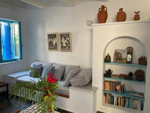 uma sala de estar com um sofá e uma estante de livros em Peloponnese Hideout - Traditional stone house em Akrata