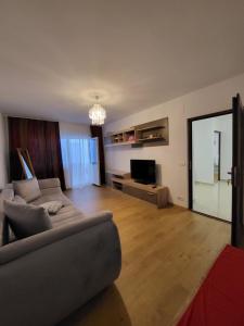 a living room with a couch and a television at Fabian Apart in Tulcea
