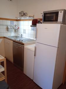 a kitchen with a white refrigerator and a microwave at Le Sancy, appart T2, 4 pers, centre ville du Mont Dore in Le Mont-Dore