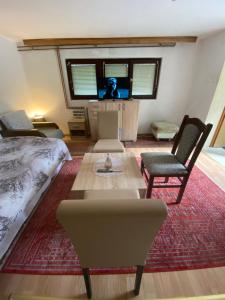 um quarto com uma cama, uma mesa e cadeiras em Apartman Benjamin em Tuzla