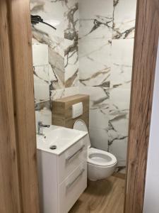 bagno con lavandino bianco e servizi igienici di Apartament Miś a Zakopane