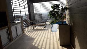 a balcony with two benches and a potted plant at Marcos Paz 100 in San Miguel de Tucumán