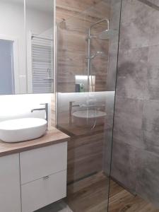 y baño con lavabo y ducha acristalada. en NEW APARTMENT Wołyńska - przestronny, z widokiem, czysto, parking, balkon, en Rzeszów