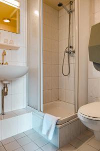 a bathroom with a shower and a toilet and a sink at Hotel La Casa in Valkenburg