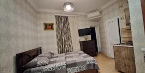 1 dormitorio pequeño con 1 cama y cocina en Emi&mari, en Tiflis