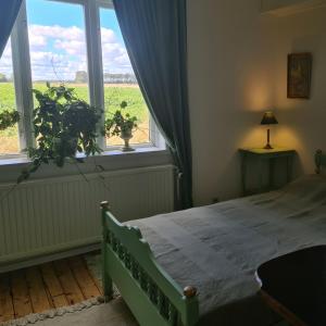 um quarto com uma cama e vista para um campo em Vanneberga gamla skola em Fjälkinge