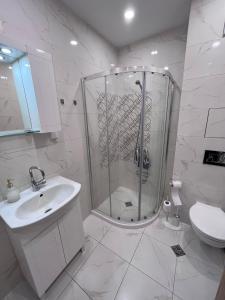 een badkamer met een douche, een wastafel en een toilet bij Paris luxury top centre Apt with office space in Sofia