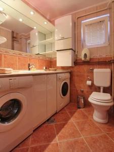 Un baño con lavadora y un inodoro. en Pupa Apartment 120 m2 Center Sarajevo, en Sarajevo