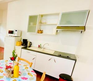 a small kitchen with a table and a sink at Le Croix Rousse Jacquard in Lyon