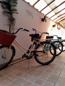 Dos bicicletas están estacionadas junto a una pared. en Pousada Estrela Mare en São Sebastião
