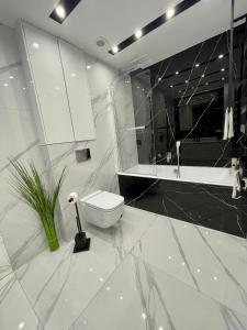 a white bathroom with a toilet and a bath tub at Apartamenty Centrum Apartament X1 in Mszana Dolna