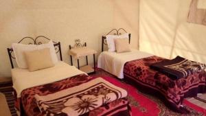 ein Hotelzimmer mit 2 Betten und einem Stuhl in der Unterkunft Bivouac Karim Sahara in Zagora