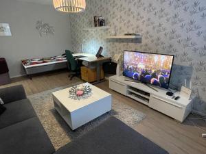 un soggiorno con TV a schermo piatto su un centro di intrattenimento di Holiday Home Sodankylä a Sodankylä