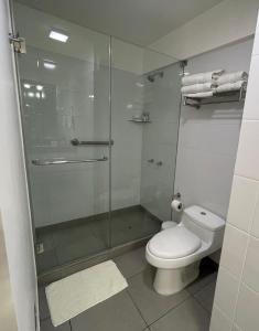 W łazience znajduje się toaleta i przeszklony prysznic. w obiekcie Miraflores 2 Bedrooms Executive Apartment w mieście Lima