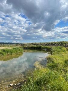 a river in the middle of a field with a cloudy sky at The Riverside Ranch Motel and RV Park Southern Utah in Hatch