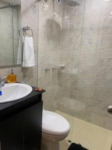 een badkamer met een douche, een toilet en een wastafel bij Maravilloso chalet en la zona colonial (303) in Zipaquirá