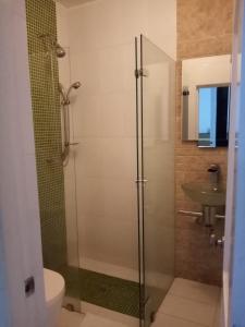 e bagno con doccia, servizi igienici e lavandino. di Hotel Platinum Boutique a Montería