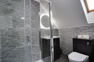 uma casa de banho com um chuveiro, um WC e um lavatório. em ST AUSTELL - Spacious Home, High Speed Wi-Fi, Free Parking, Garden em Swindon